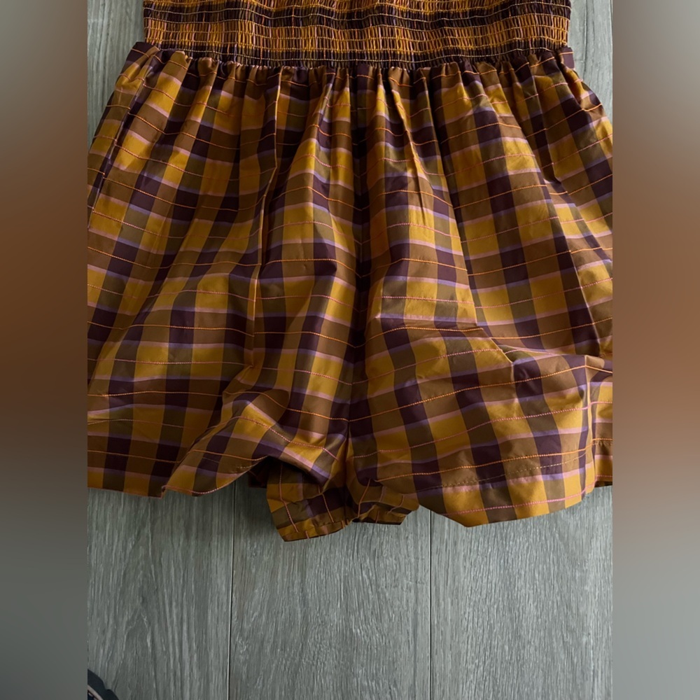 Anthropologie Maeve Puff-Sleeved Smocked Romper Orange Plaid - Size Medium - Picture 5 of 10